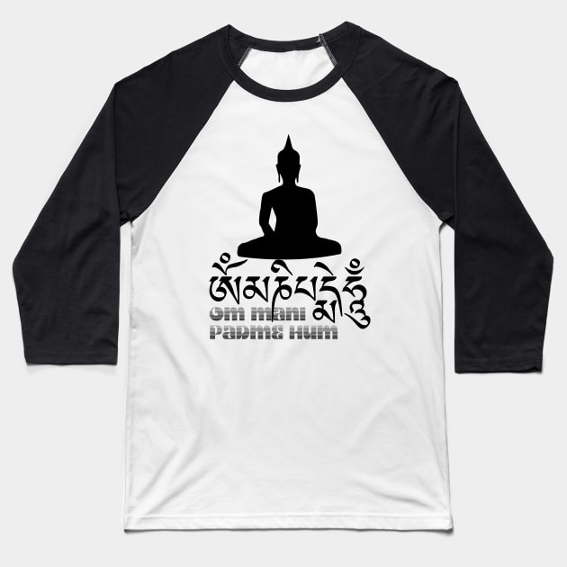 Tibetan Buddhist Mantra Om Mani Padme Hum with Buddha Baseball T-Shirt by TammyWinandArt